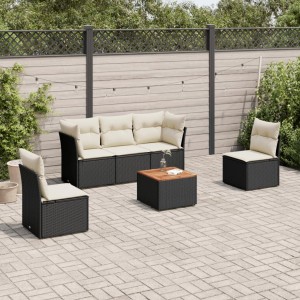 Schwarze 6-tlg. vidaXL Garten-Sofagarnitur aus Polyrattan mit cremefarbenen Kissen.