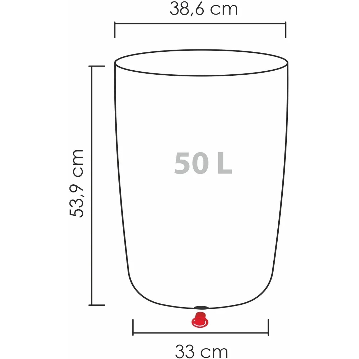 Skizze der Scheurich Pflanzsäule Linetto High, 38x54cm, Stony Grey, mit Maßangaben und 50L Volumen.