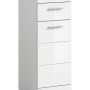 Weißer Hochglanz Bad Standschrank (37x88x31cm) mit 4 Schubladen für Badutensilien.