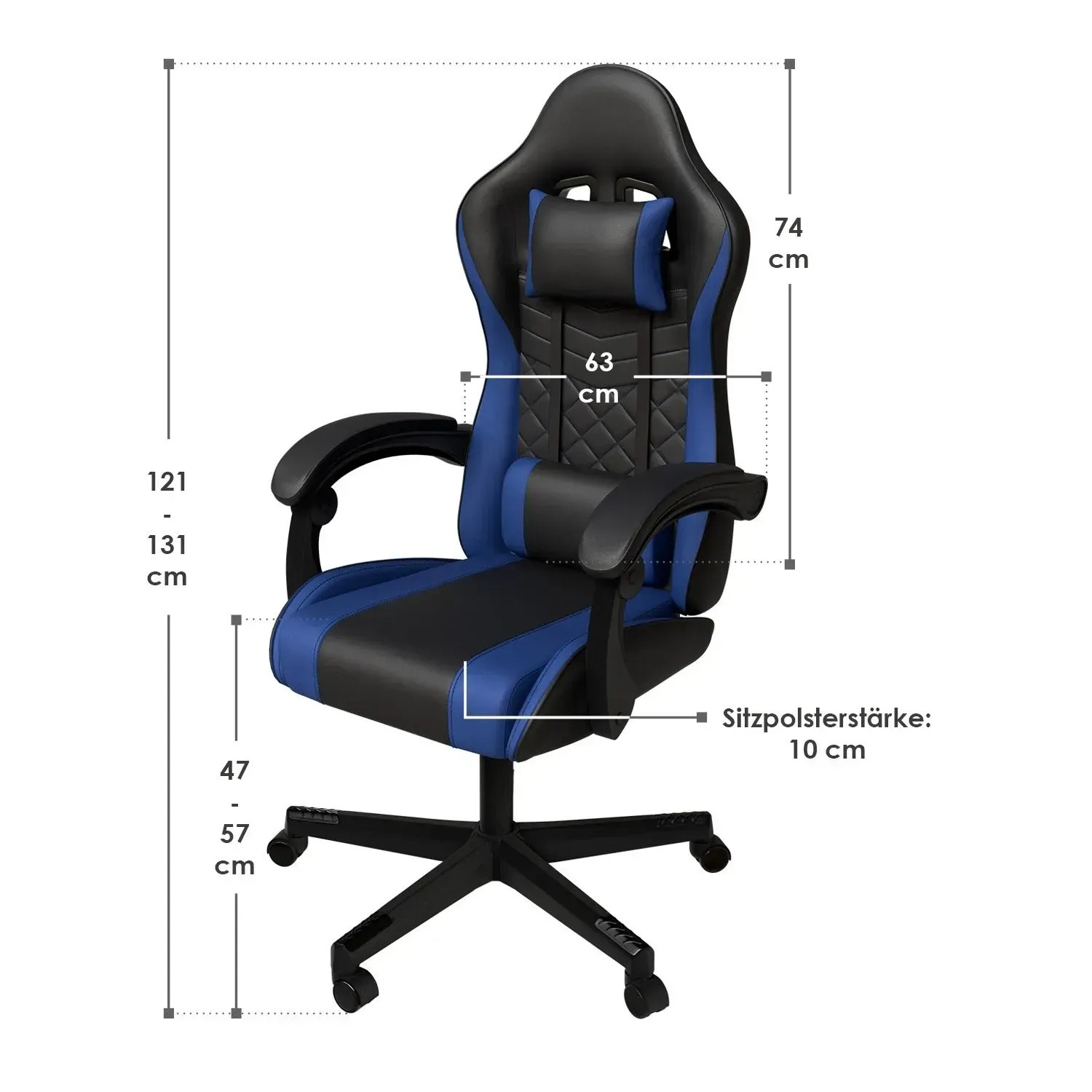 Juskys Gamingstuhl HyperSeat, schwarz/blau, mit Maßangaben. Ergonomischer Bürostuhl für Gaming.