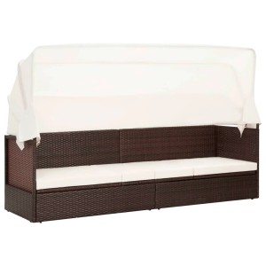 Braunes VidaXL Gartensofa mit Sonnendach aus Poly Rattan und cremeweißen Kissen.