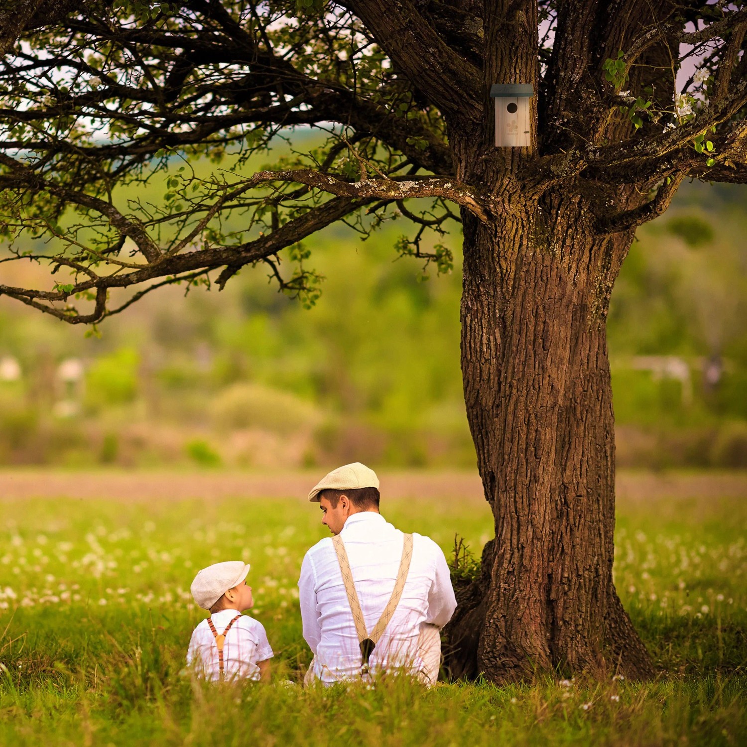 Szene: Vater und Sohn sitzen unter Baum mit Relaxdays Nistkasten aus Tannenholz.