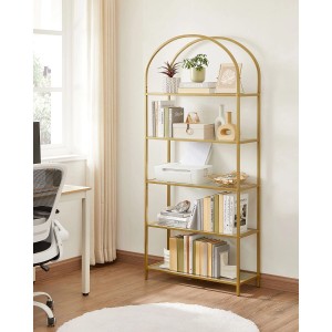 Goldenes Vasagle Bücherregal mit 5 Glasablagen im Wohnzimmer.