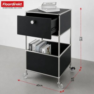 Schwarzes Floordirekt Metallregal Concept Epure MK-145 mit Schublade, 2 Ablagen und Rollen, 40x40x75 cm.