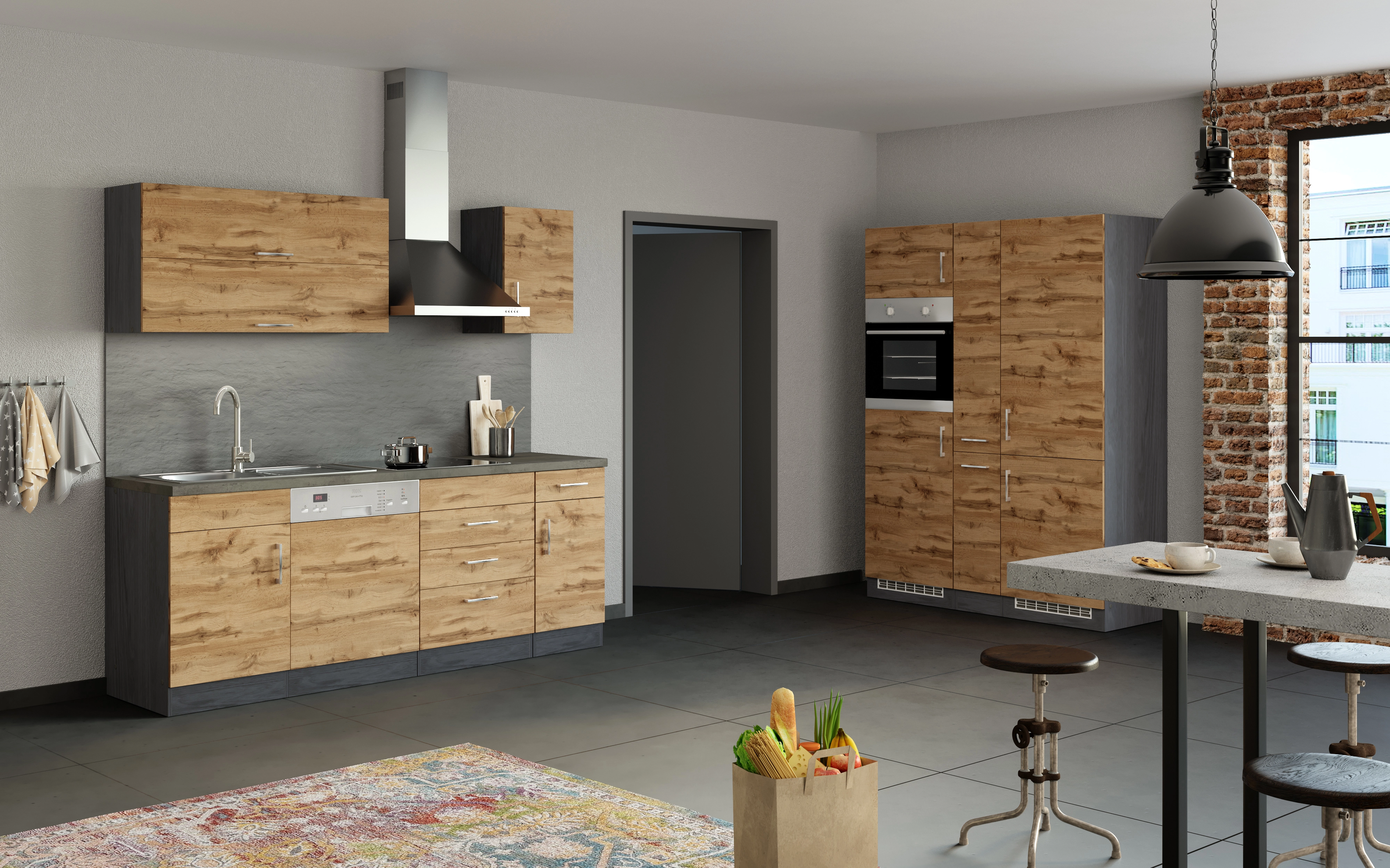 Held Möbel Küchenzeile Sorrento 360 cm Wotaneiche-Grafit kaufen bei OBI | Küchenzeilen mit Geräten