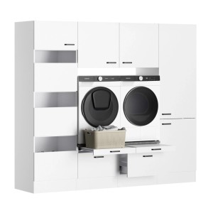 Weißes OPTIFIT Waschsäulen-Set Bonn214 mit Waschmaschine, Trockner und Wäschekorb für den Hauswirtschaftsraum.