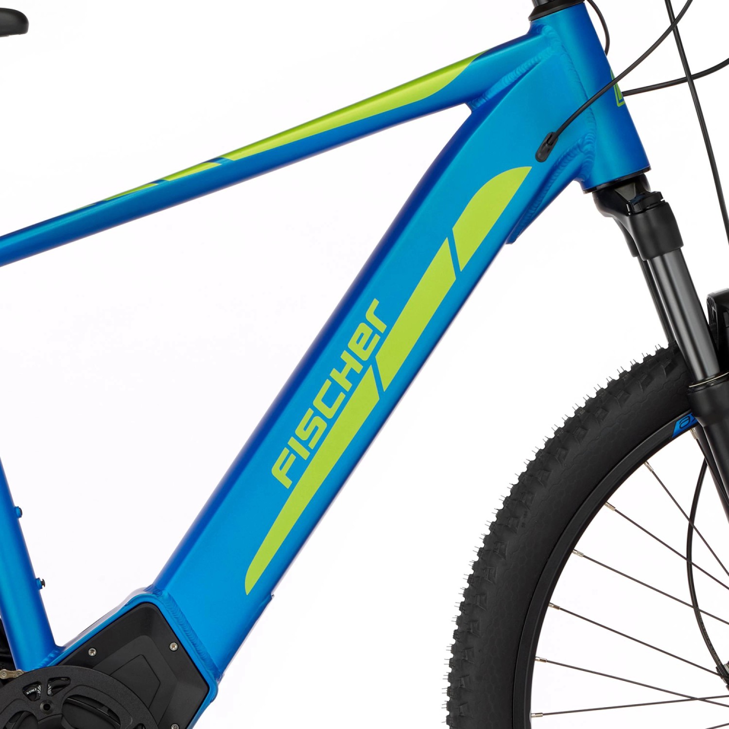 Blaues Fischer E-Bike Montis 6.0i mit gelben Akzenten. Hardtail E-Bike mit Brose Motor.