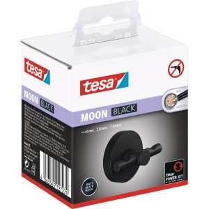Verpackung des Tesa Moon Black Bademantelhaken, mattschwarz, zur Wandmontage ohne Bohren.