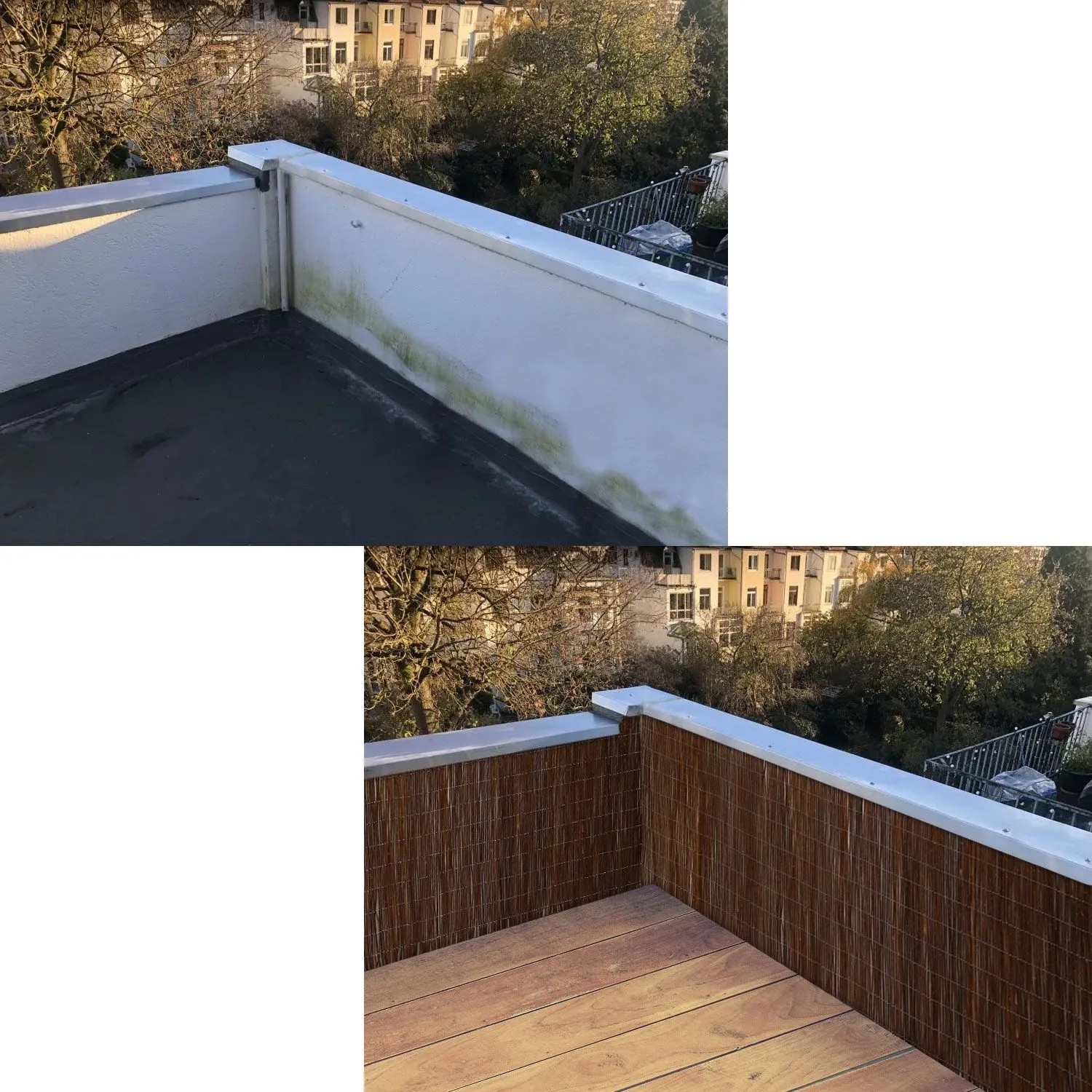 Balkon Vorher-Nachher: Brauner urfence Weiden-Sichtschutz (110x500 cm) verwandelt den Balkon. Ideal für Zaunbau & Sichtschutz.
