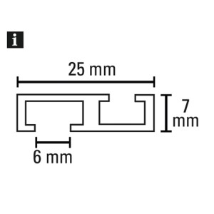 Querschnitt der weißen Gardinia Aluminium Vorhangschiene (1-läufig): 25x7mm, Laufkanal 6mm.