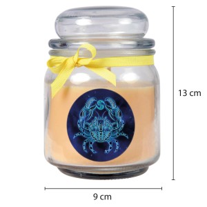 HS Candle Duftkerze Sternzeichen Krebs im Glas mit gelbem Band.