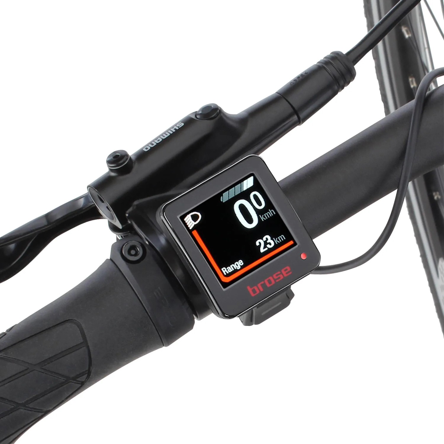 Detailaufnahme des Brose Displays am Fischer E-Bike Viator 5.0i Lenker.