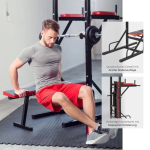 Schwarzer Tectake Power Tower mit Hantelbank, Klimmzugstange und Dip Station. Sport & Fitnessgerät.
