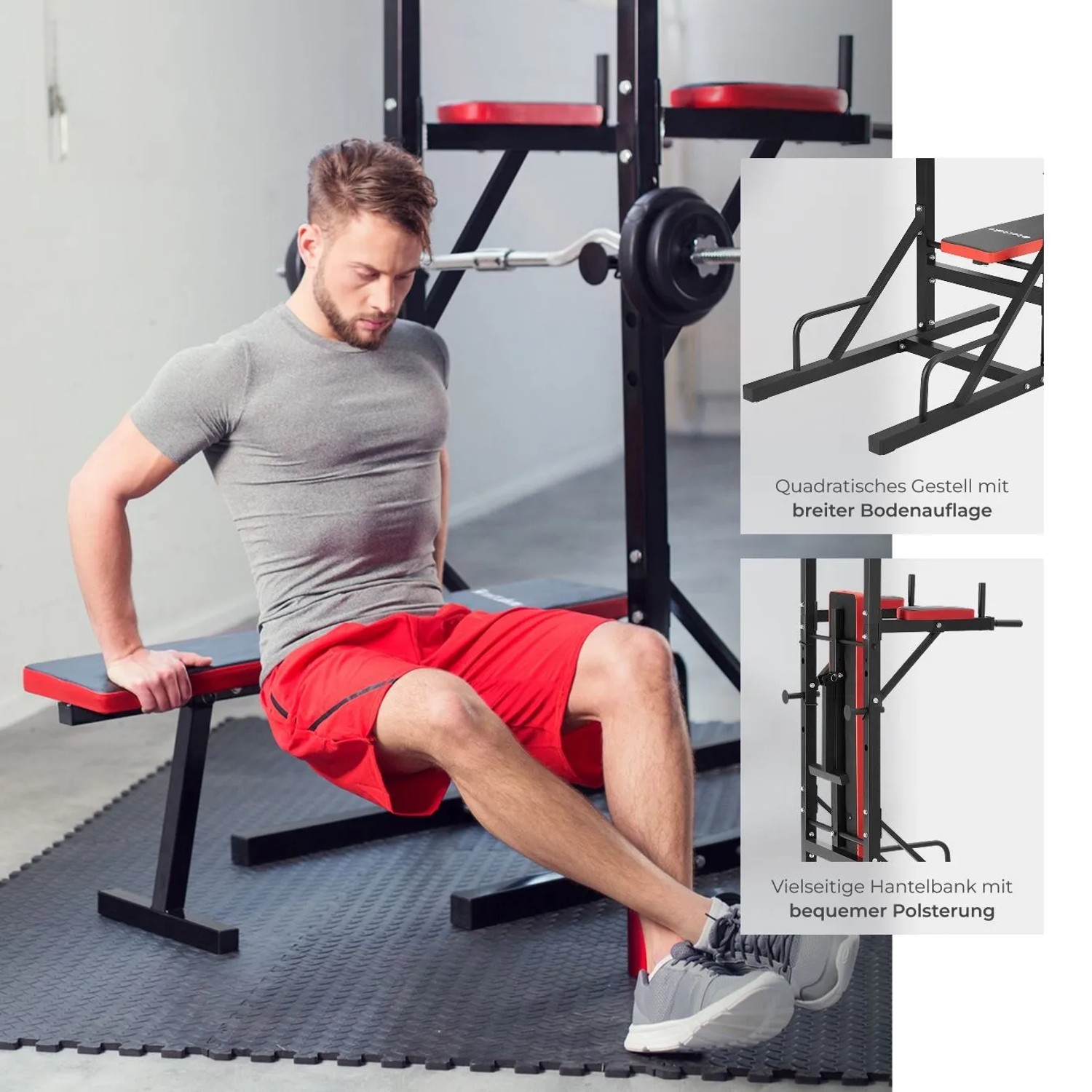 Schwarzer Tectake Power Tower mit Hantelbank, Klimmzugstange und Dip Station. Sport & Fitnessgerät.