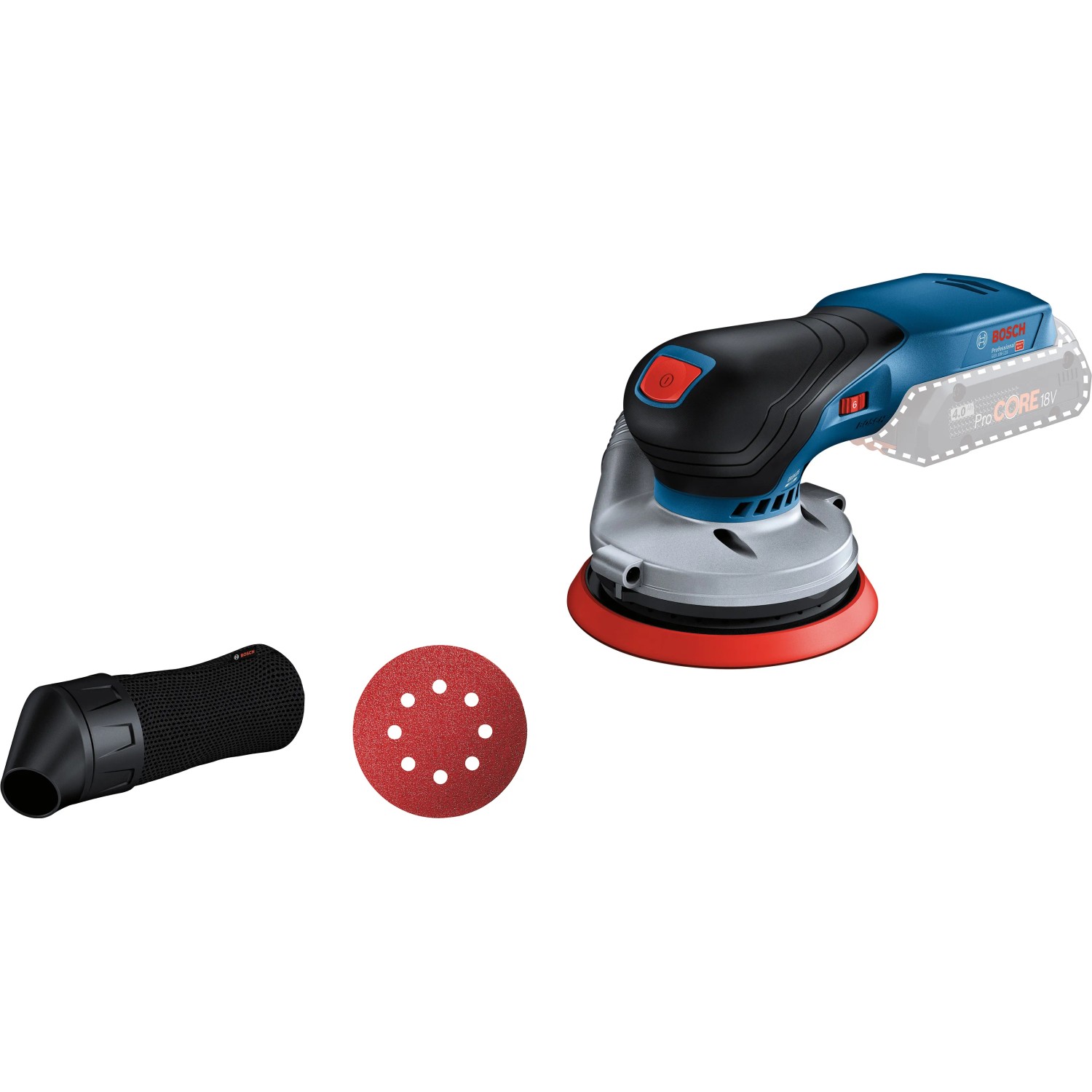 Bosch Professional Akku-Exzenterschleifer GEX 18V-125 Solo mit Schleifblatt und Staubbeutel.