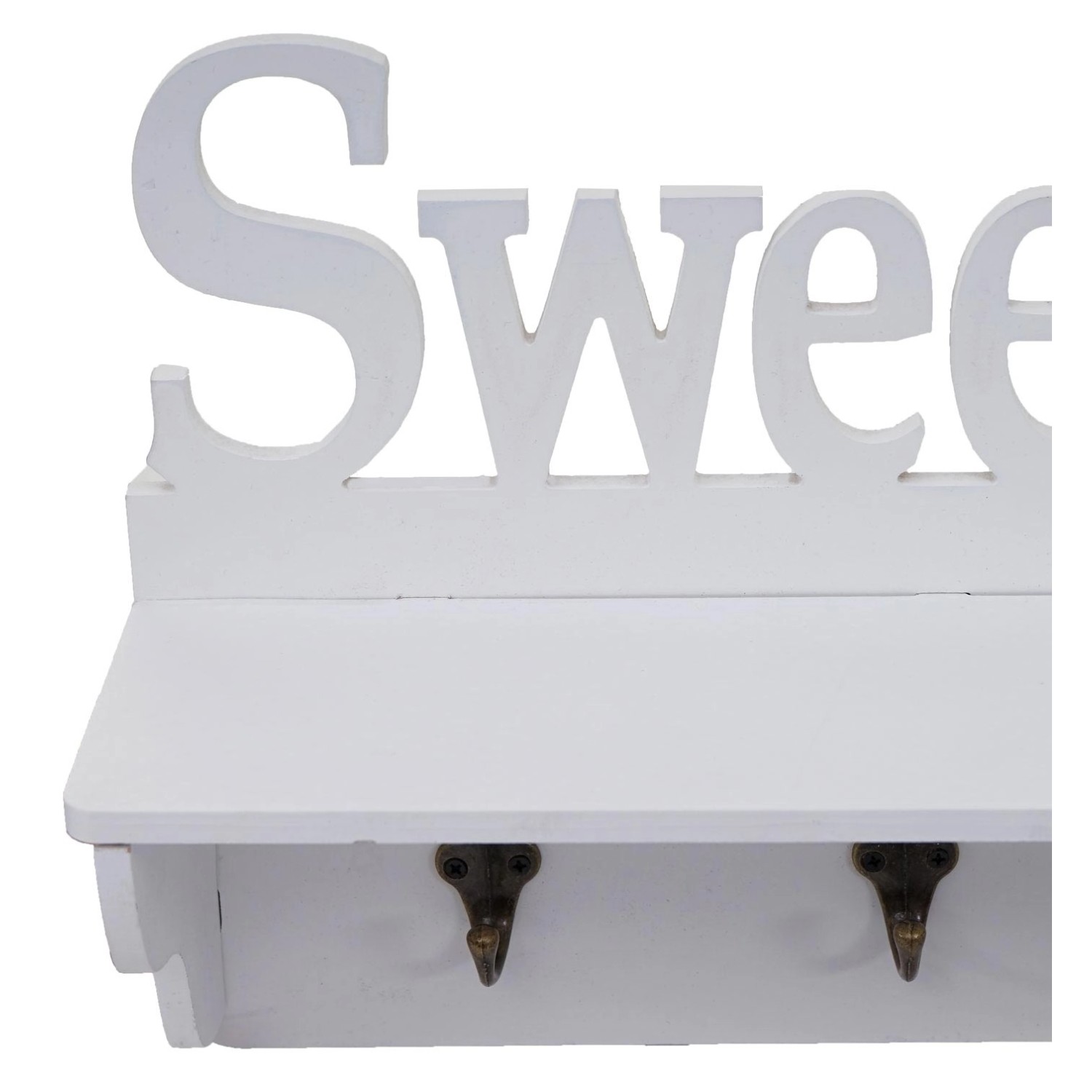 Weiße Wandgarderobe "Sweet Home" mit 4 Haken und Ablagefläche.
