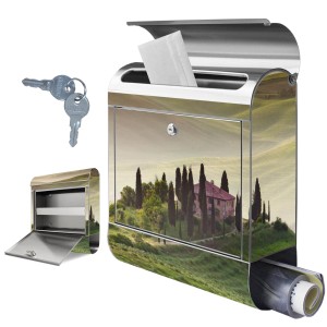 Banjado Edelstahl Briefkasten mit Toscana Motiv und Zeitungsfach, inklusive Schlüssel.