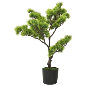 Künstlicher Bonsai Pinus, 60 cm hoch, grüne Kunstpflanze im schwarzen Topf.