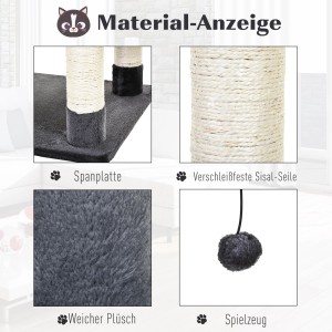 Detailansicht PawHut Katzenbaum: Sisalstämme, Plüschflächen, Spielzeug. Kratzbaum Materialien im Überblick.