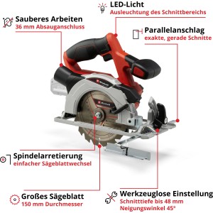 Einhell Akku-Handkreissäge TE-CS 18/150 Li Solo: Rote und silberne Akku-Säge mit Sägeblatt.