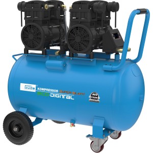 Blauer Güde Kompressor Airpower Ed-Silent 375/8/100 mit digitalem Druckschalter und Rädern.