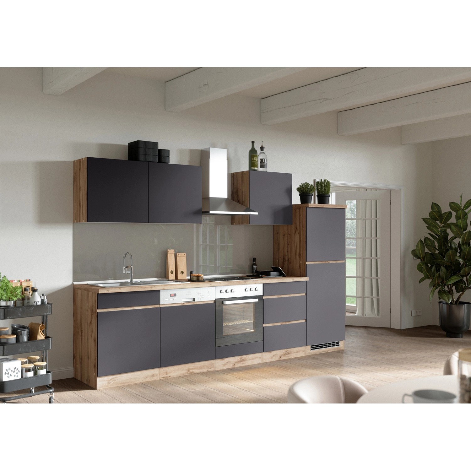 Held Möbel Küchenzeile/Küchenblock Turin 300 cm Graphit-Wotaneiche mit E-Geräten