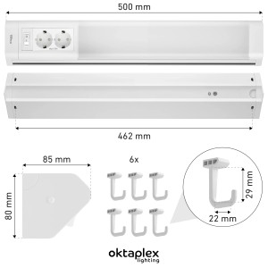 Oktaplex LED Unterbauleuchte 50cm mit Steckdosen und Haken, Detailansicht mit Maßen.