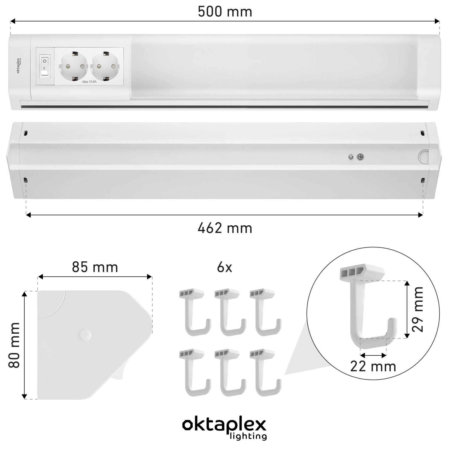 Oktaplex LED Unterbauleuchte 50cm mit Steckdosen und Haken, Detailansicht mit Maßen.