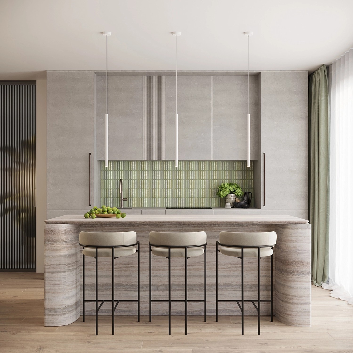 Moderne, weiße Sollux Lighting Pendelleuchte Arche 3P über einer Küchentheke.