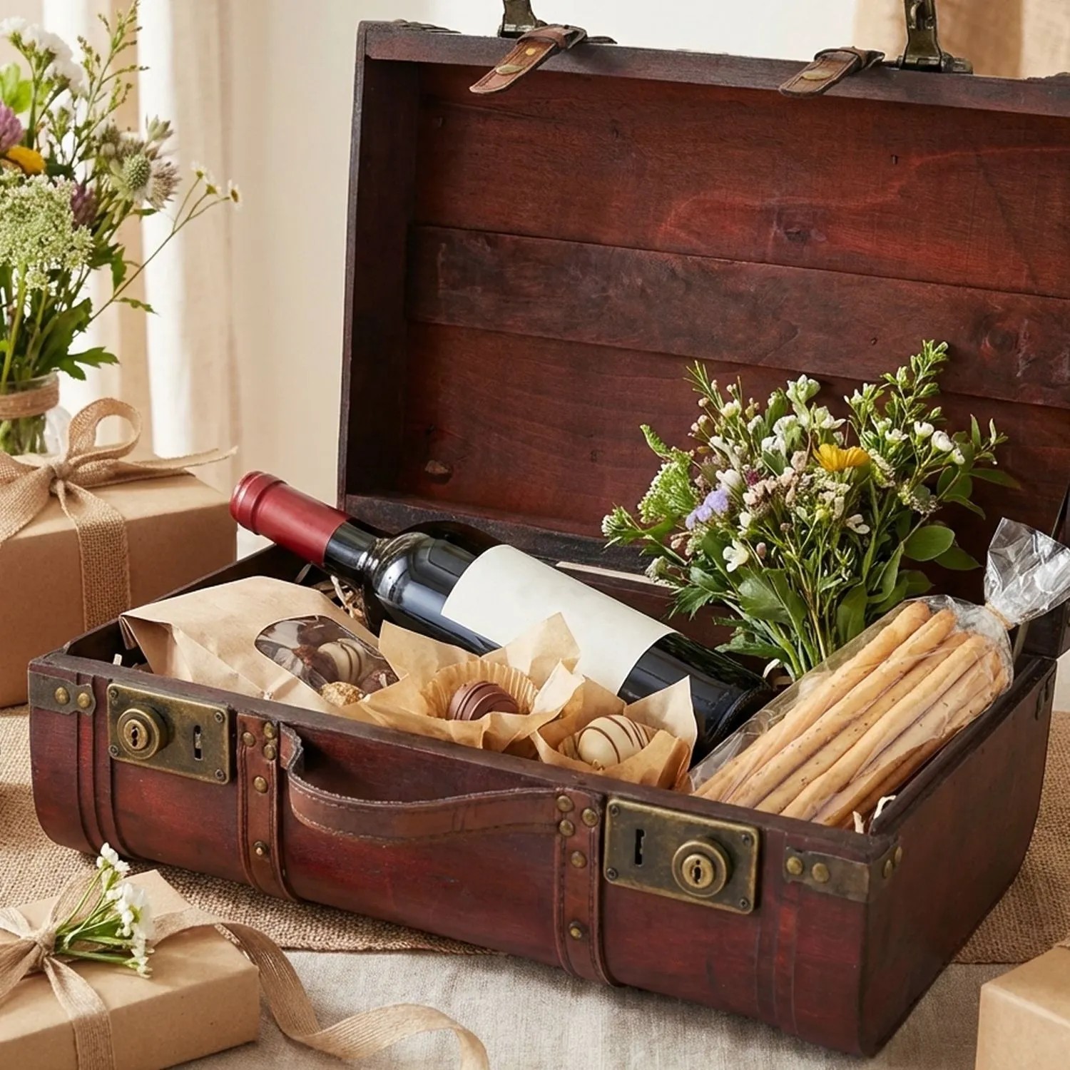 Geöffnete Holztruhe im Vintage-Stil mit Wein, Gebäck und Blumen als Geschenkidee.