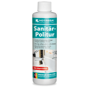 Weiße Hotrega Sanitärpolitur 250 ml Flasche mit Abperleffekt. Reinigt & pflegt Bad-Oberflächen wie Edelstahl, Keramik, Glas.