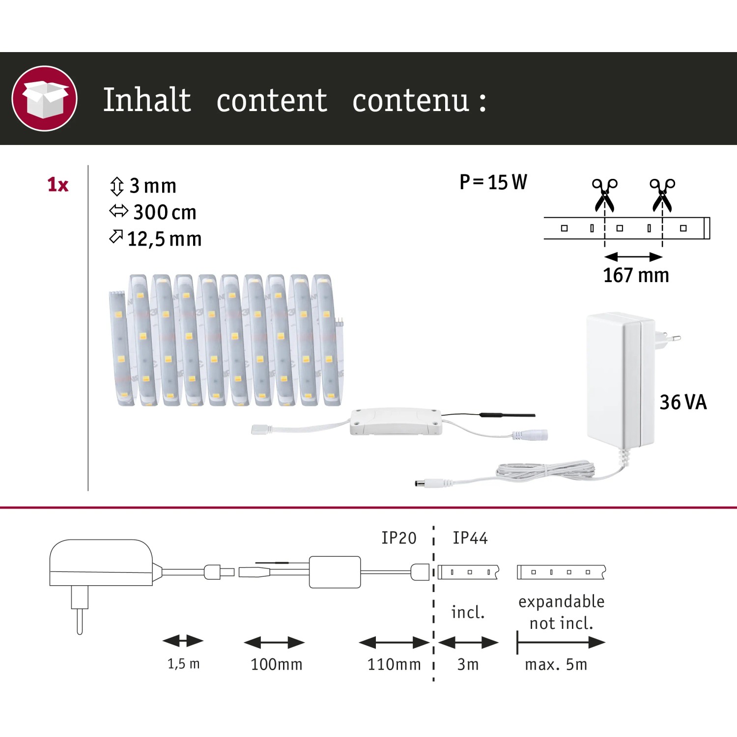 Paulmann MaxLED 250 LED Strip 3m Basis-Set mit Trafo und Controller, tunable white.