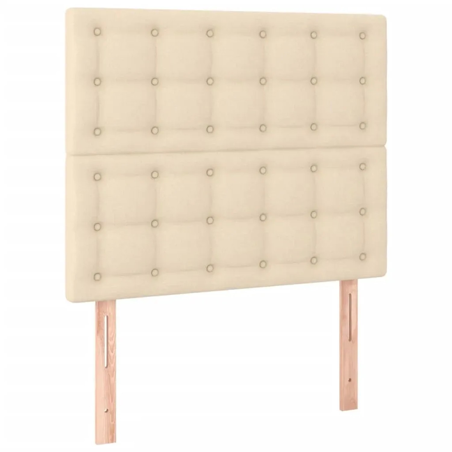 Cremefarbenes Boxspringbett Kopfteil mit Stoffbezug und Knopfheftung.