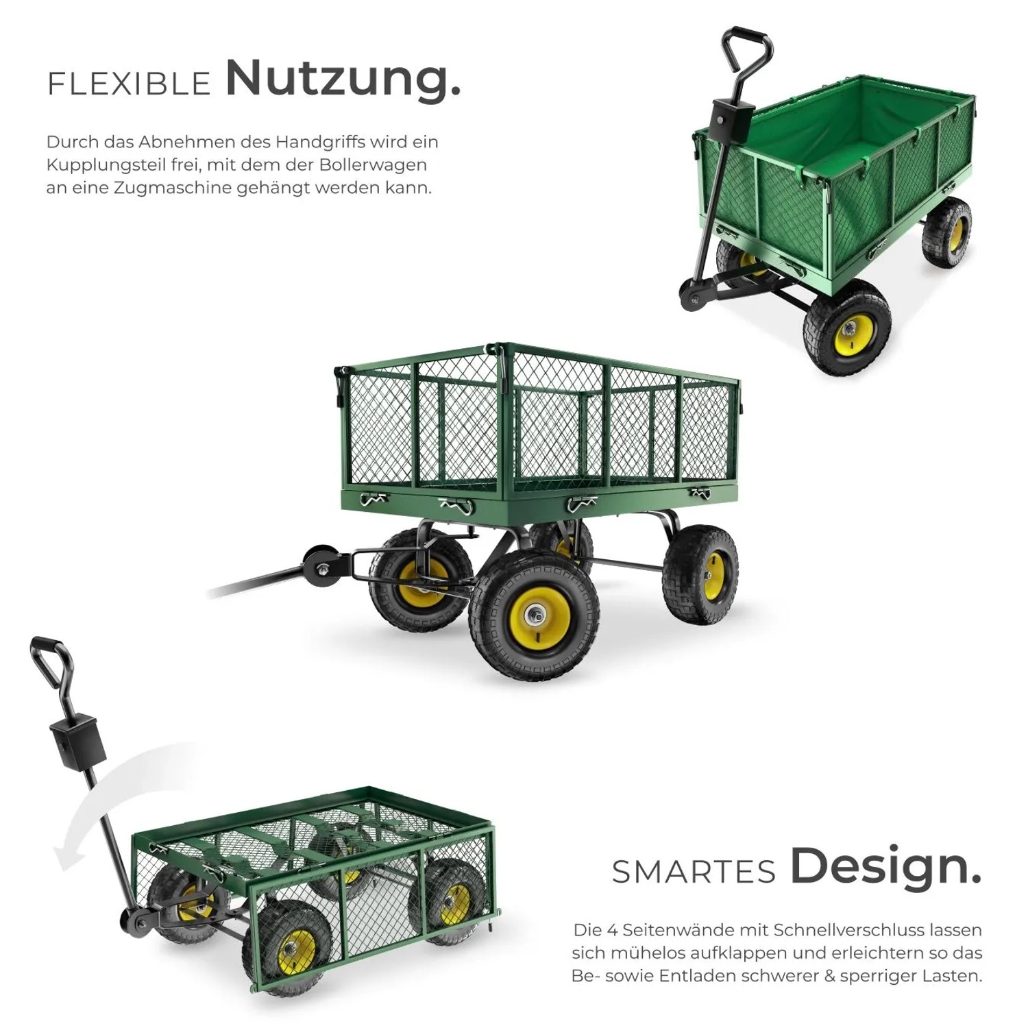 Grüner Tectake Bollerwagen mit klappbaren Seitenwänden und Luftreifen.