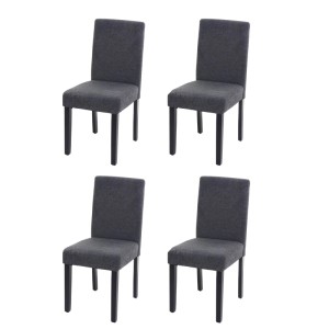 Vier anthrazitgraue Esszimmerstühle im 4er-Set mit Textilbezug und dunklen Holzbeinen. Modernes Design, gepolstert.