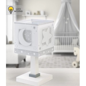 Graue Dalber Tischlampe mit LED Nachtlicht, Luna und Sterne Design für Kinderzimmer.