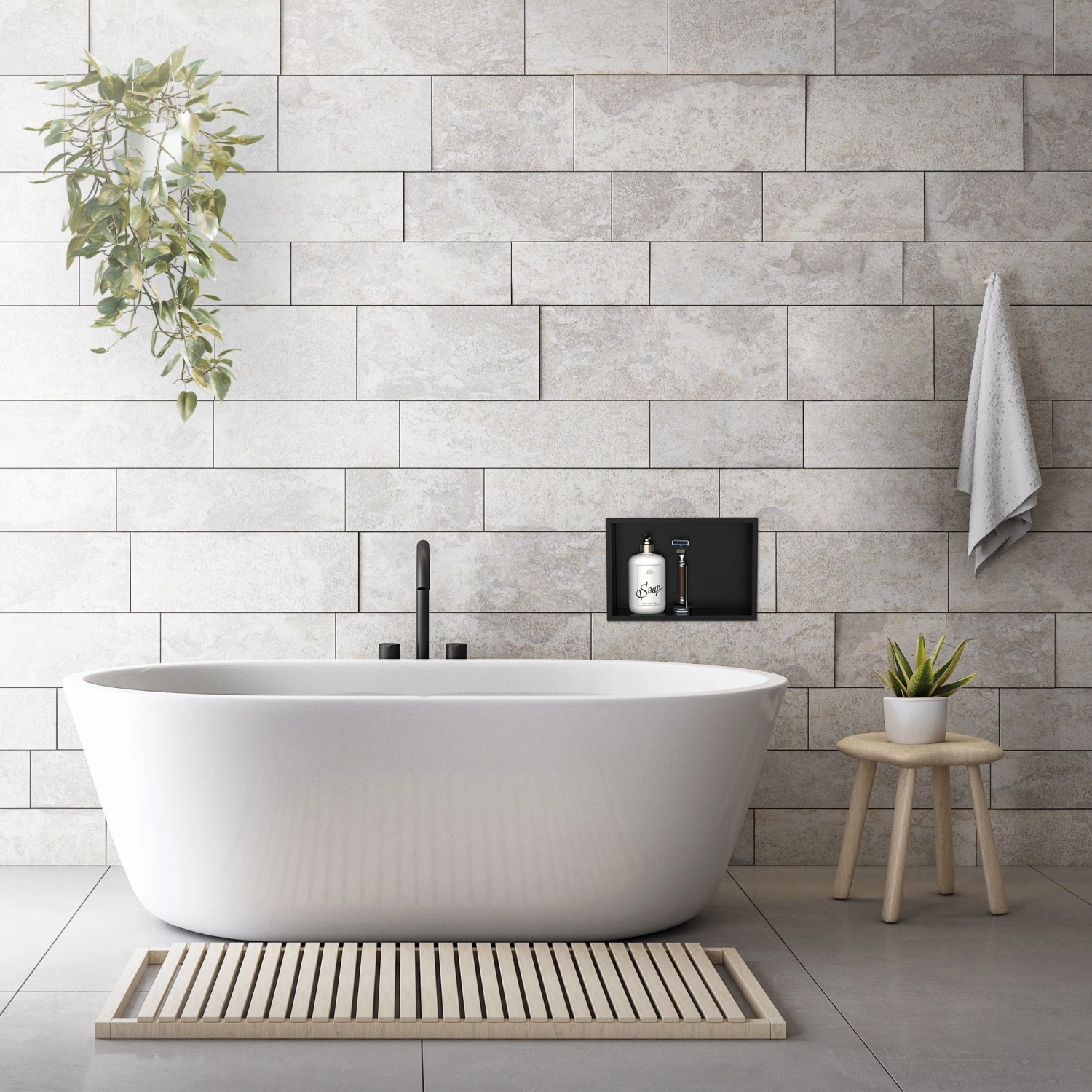 Eingebaute schwarze LuxeBath Wandnische aus Edelstahl (20x30x10 cm) im Badezimmer.