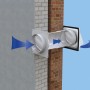 Teleskop-Mauerkasten Ø 150 mm mit Edelstahl-Ablufthaube für Mauerlüfter, Montage an Hauswand.
