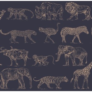 Dunkelblaue Vliestapete mit Safari-Motiv: Zebras, Löwen, Elefanten und andere Tiere.