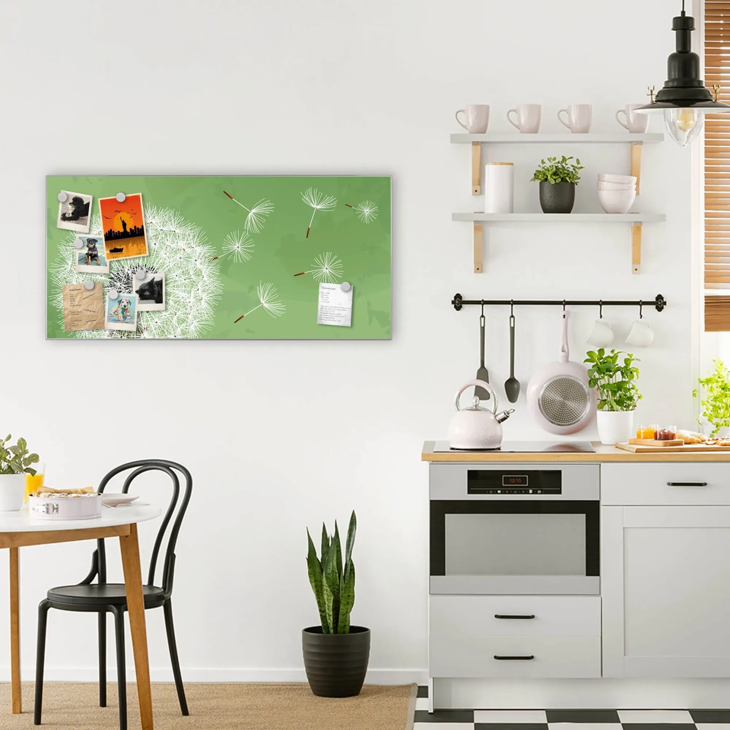 Banjado Magnettafel 78x37cm mit Pusteblumen-Motiv in Silber, inklusive Magnete als Wanddekoration.