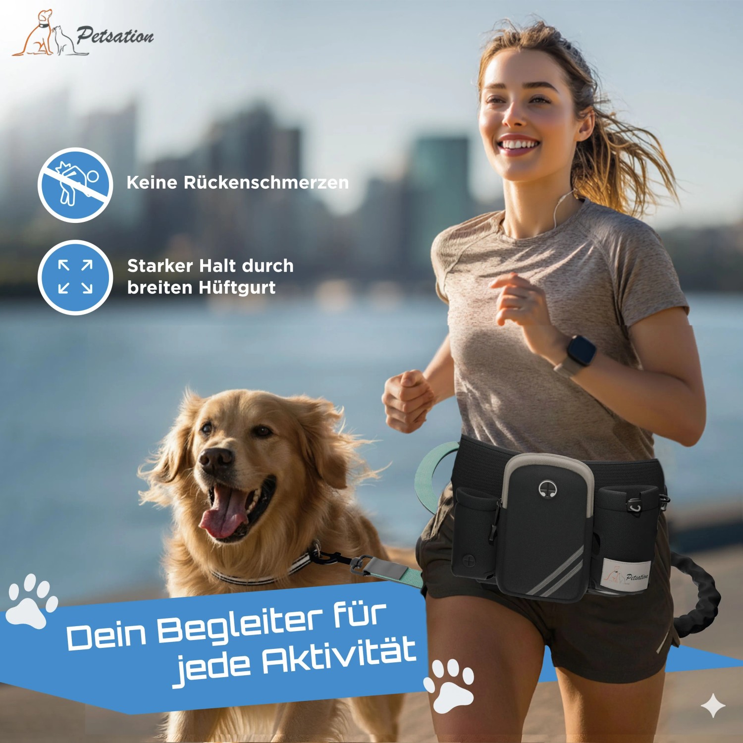 Frau joggt mit Hund an Petsation Joggingleine mit Bauchgurt und Hüfttasche.