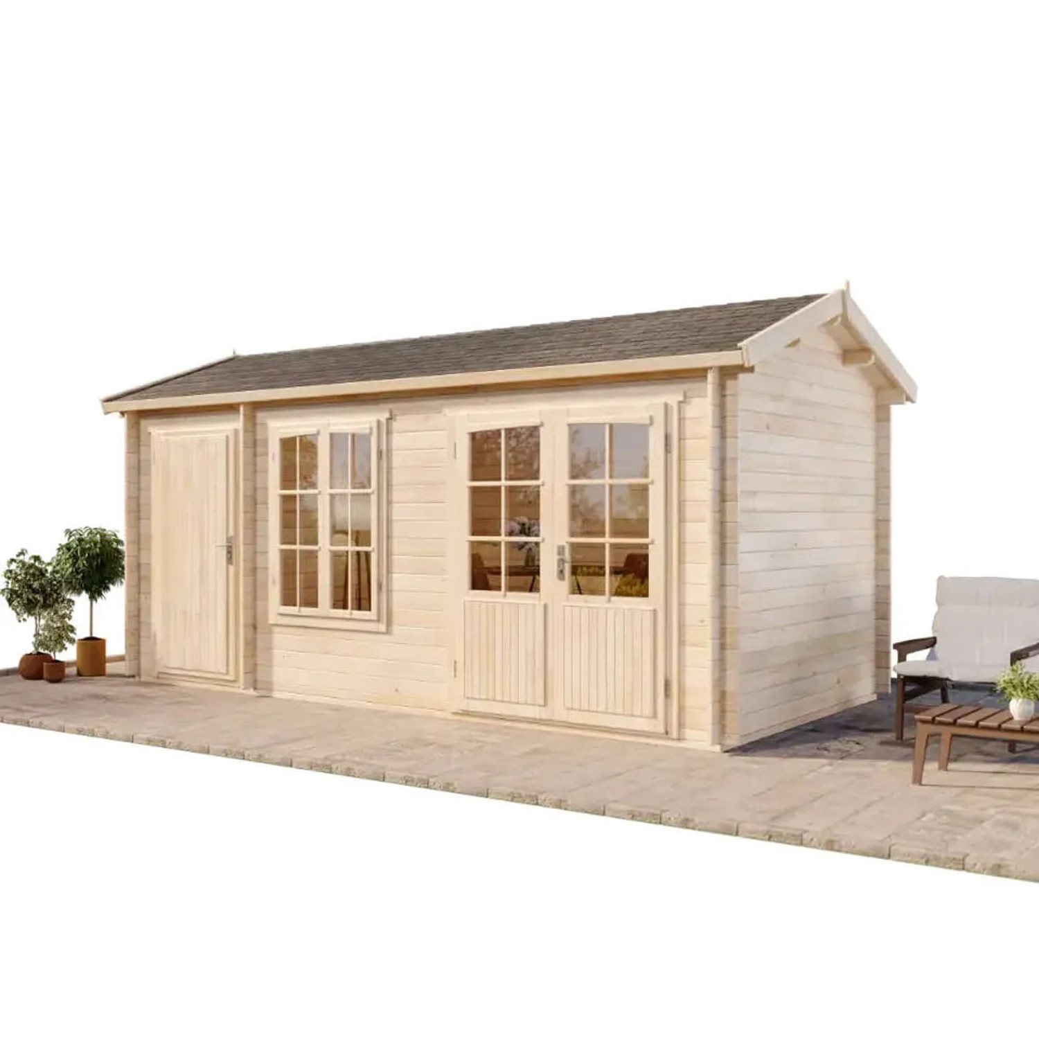 Unbehandeltes Alpholz Gartenhaus Bolton 28 XL mit Anbaudach, Fenster und Doppeltür.