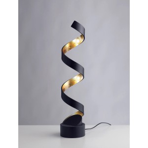 Moderne LED-Tischleuchte Helix Gold im Design-Stil. Goldene Innenseite, warmweißes Licht für Wohn- und Schlafzimmer.