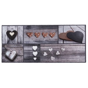 Universal Teppichläufer Hearts 67x150 cm mit Herzmotiven auf Holzoptik.