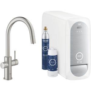 Grohe Blue Home Starter Kit mit Armatur, Kühler, Filter und CO2-Flasche in Supersteel.