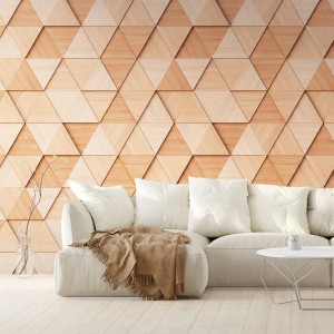 PROFHOME Fototapete mit 3D Holz-Dreieck Design in Beige, Hellbraun und Perlweiß.