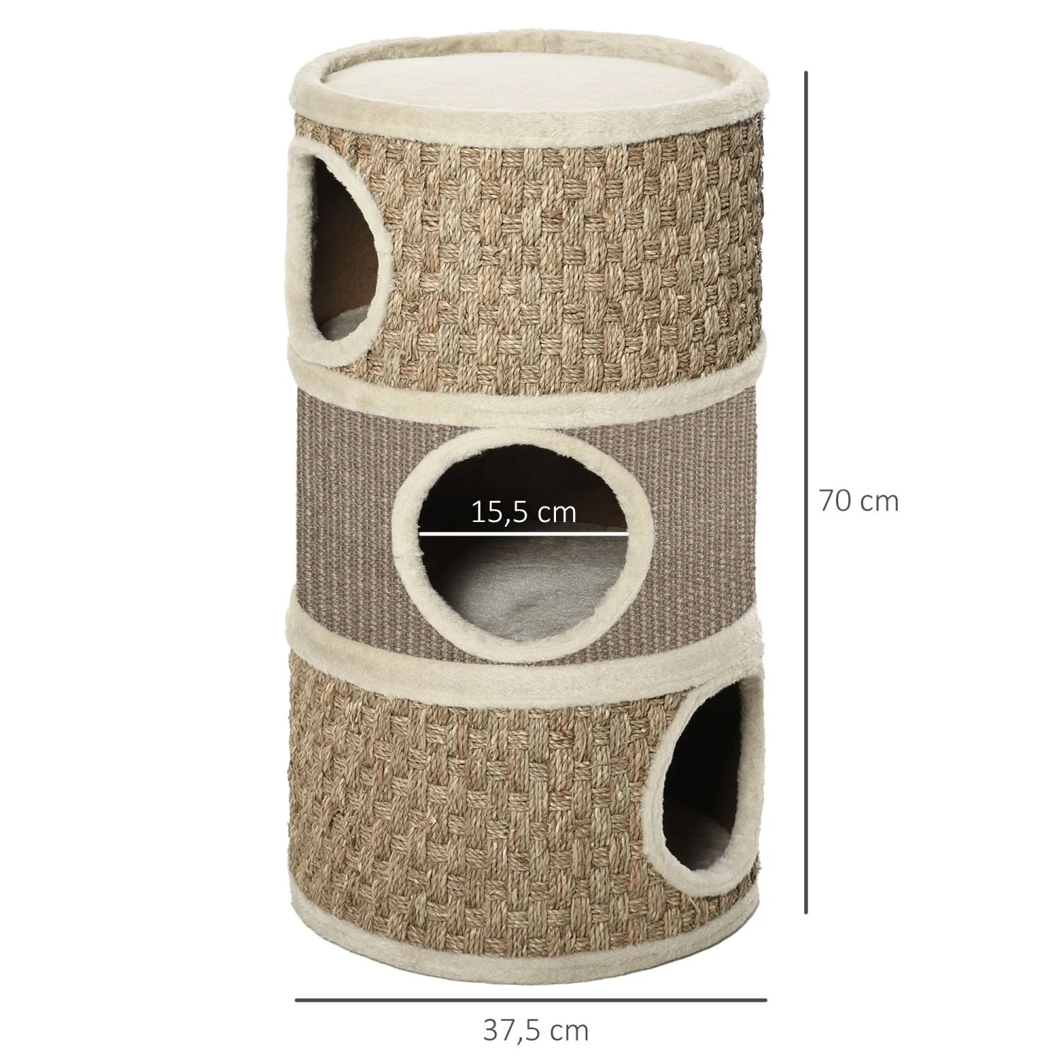 PawHut Katzenbaum, 3 Ebenen, zylindrisches Kratzfass aus Sisal, beige, 70 cm hoch, mit Höhlen & weicher Liegefläche.