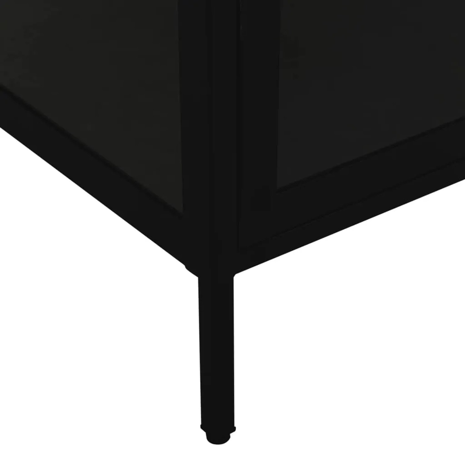 Detailaufnahme: Schwarze vidaXL Vitrine aus Stahl und Glas, Fokus auf Bein und untere Ecke.