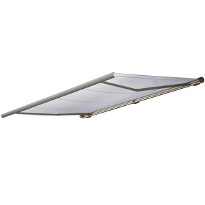 Elektrische Kassettenmarkise, 4x3m, creme Acryl, grauer Rahmen. Vollkassettenmarkise für Terrasse und Balkon.