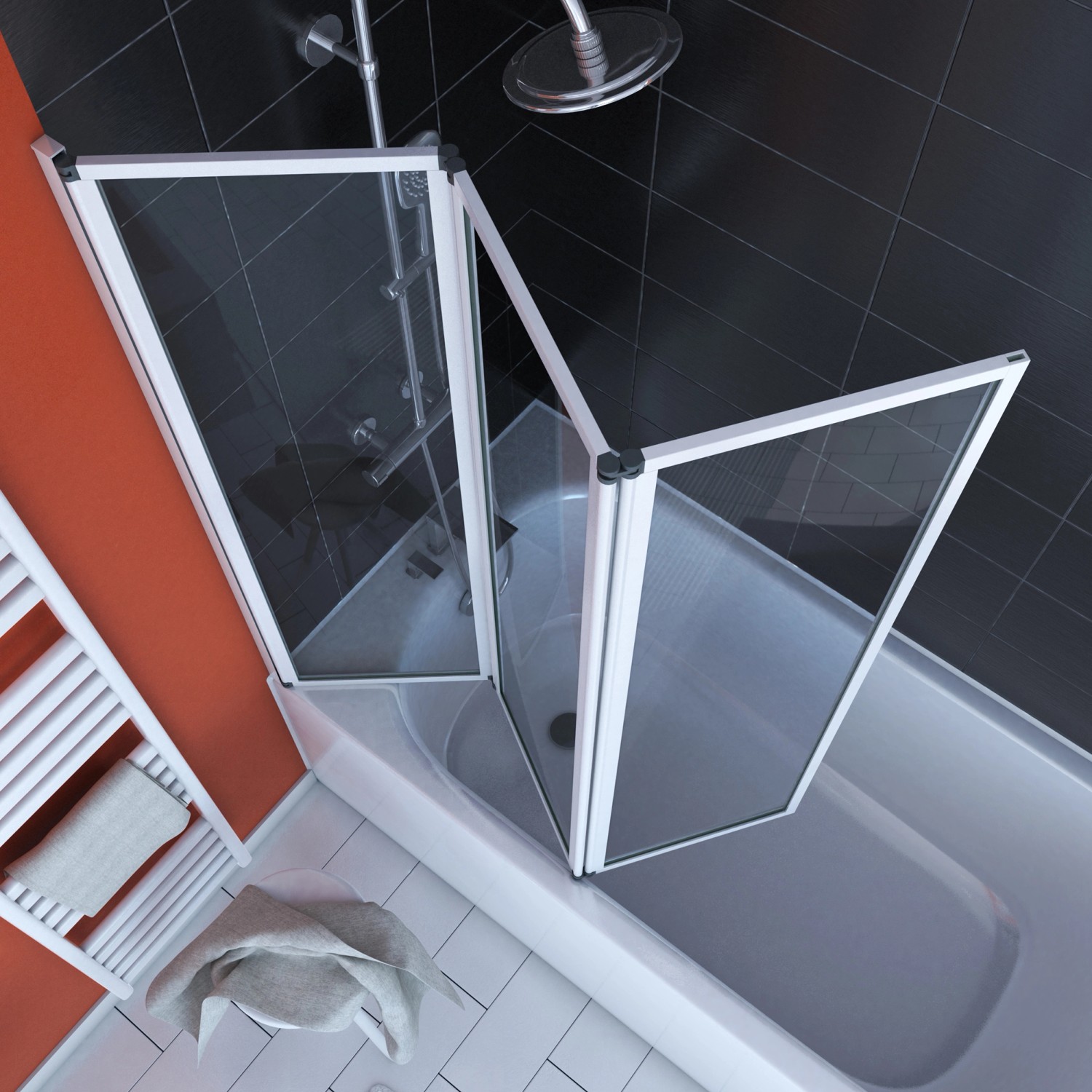 Aurlane Badewannenaufsatz Triple White, 3-teilig, 143x125cm, auf Badewanne montiert.